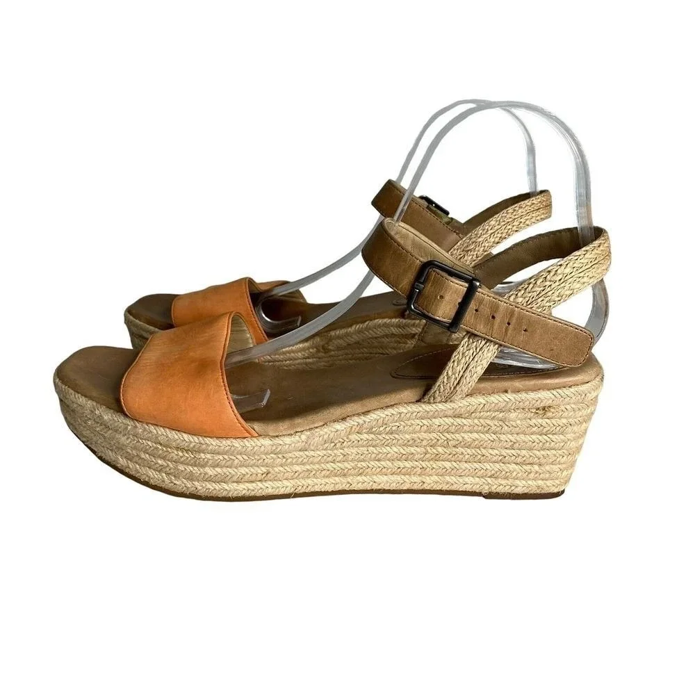 Eileen Fisher‎ Espadrille Wedge Sandals Ankle Strap Orange Leather Size 11